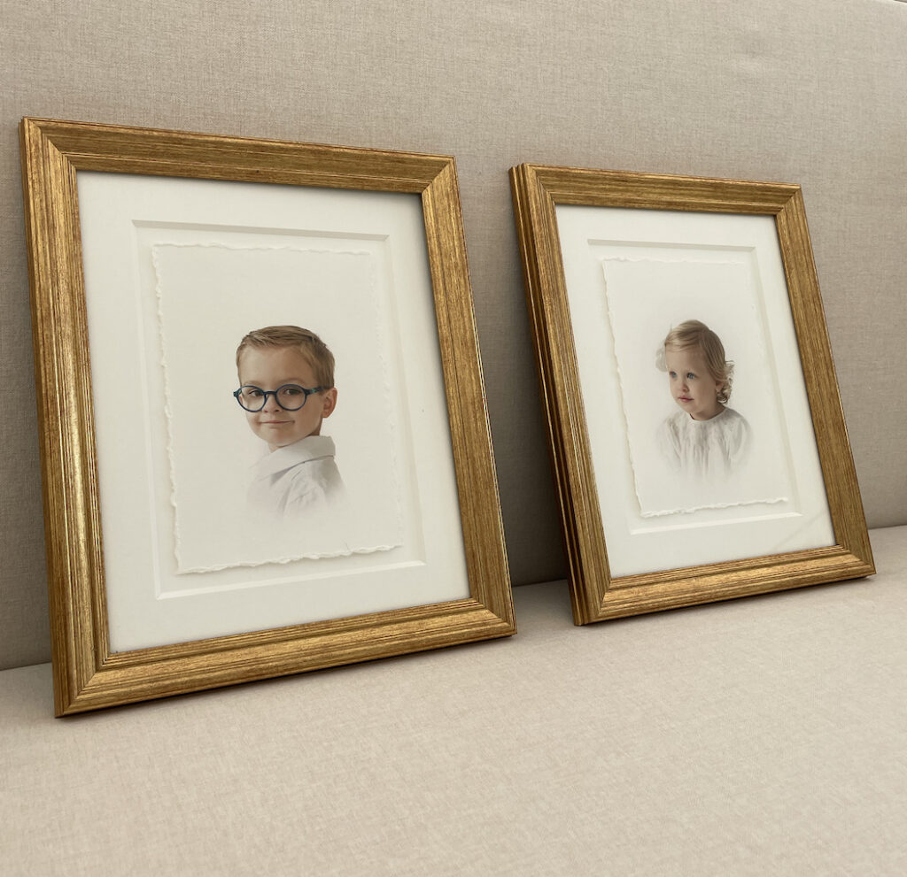 Heirloom portraits of a little girl with blue eyes and a bow in her hair, alongside a young boy with glasses, both beautifully framed in fine art prints, captured by JCrane Photography in a timeless, classic style. JCrane Photography, Raleigh heirloom portraits, Raleigh portrait photography.